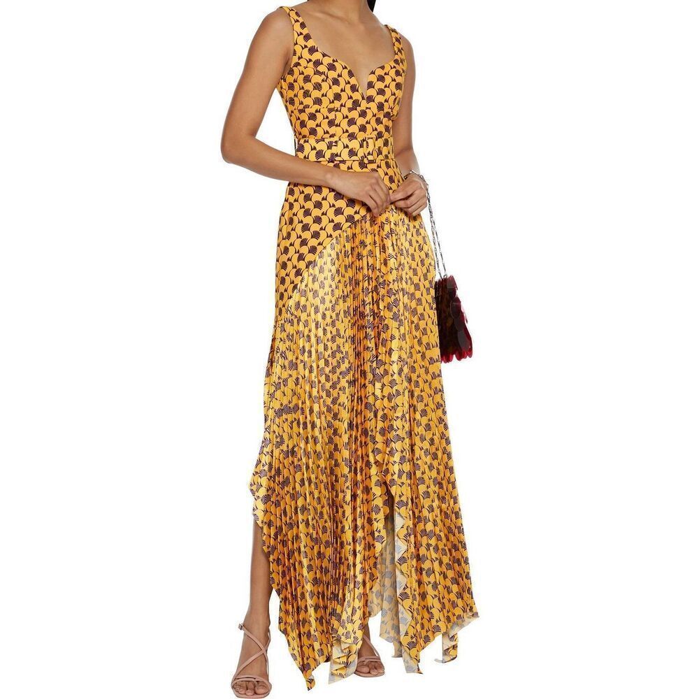SOLACE LONDON Maxi Dress Belted Paneled Pleated Hammered Satin Crepe Yellow size